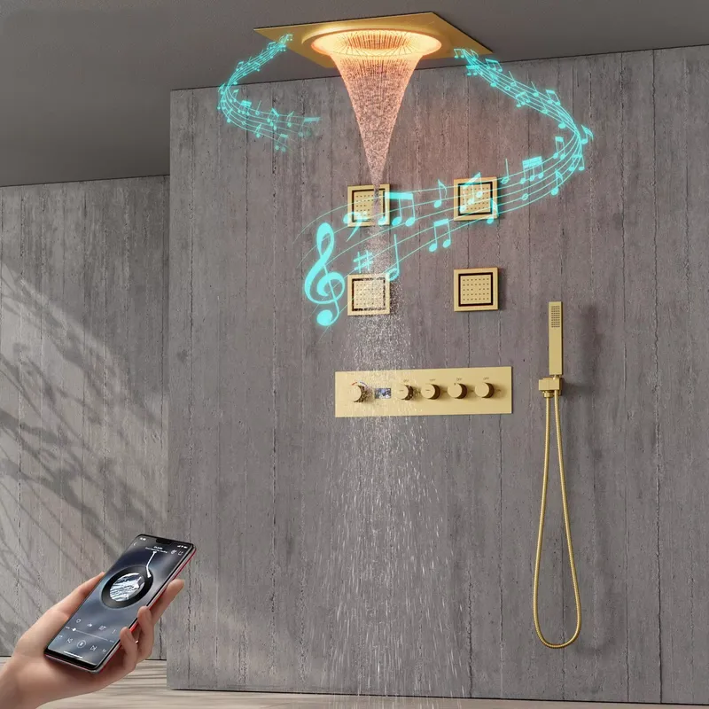 Home Bathroom Shower - スマートLEDシャワーセット 浴室音楽内蔵レインフォールシステム ブラックマット 壁掛け式 高級スパ ホームホテル装飾ギフト