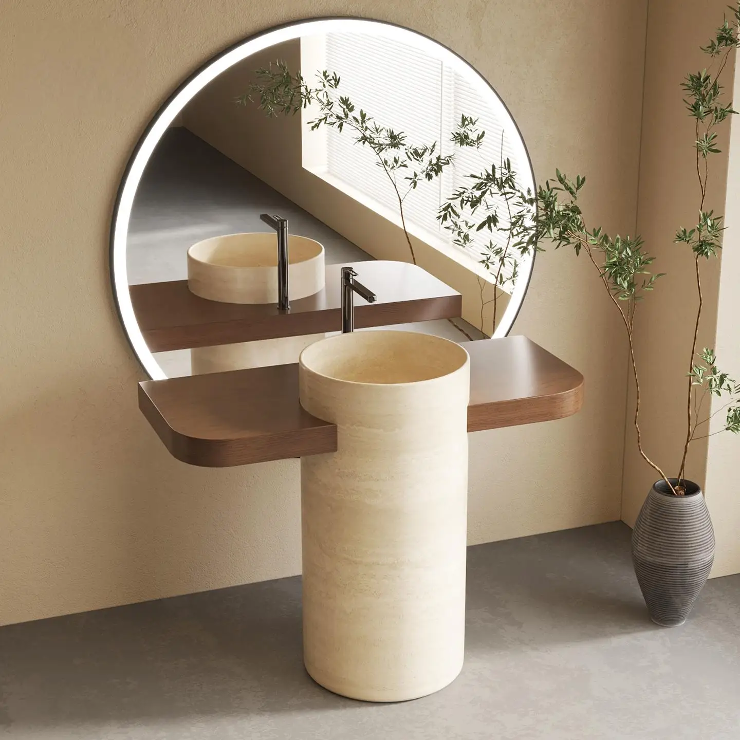 Home Living Bathroom Vanity - 高級手作りトラバーチンTベースシンクまたは洗面台：ヴィンテージ風非対称自立型洗面台キャビネット（バスルーム用）-レトロデザイン