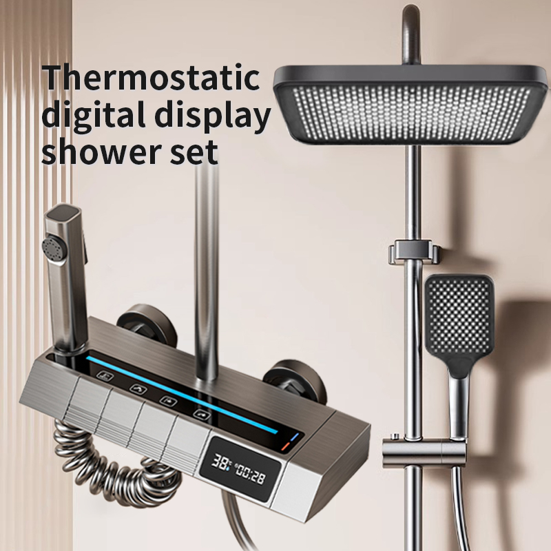 Home Bathroom Shower - 家庭用バスルーム用恒温デジタルピアノシャワーヘッドセット、グレー、圧力スプレーヘッド