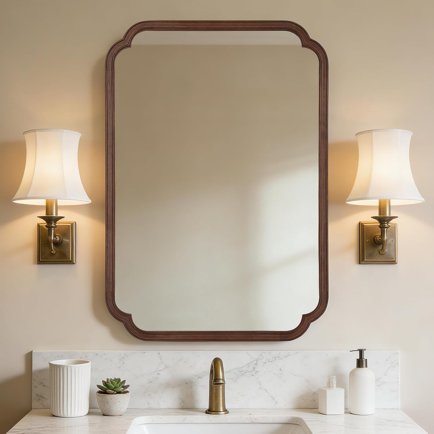 Home Living Bathroom Vanity - 28インチ x 40インチの木製壁掛け浴室鏡、素朴な丸角の洗面鏡、玄関、リビングルーム、寝室用ホームD