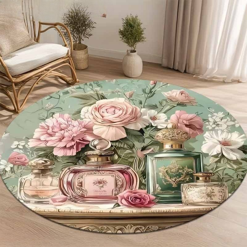 Home Living Bathroom Vanity - エレガントなレトロな花柄香水瓶プリントの円形ラグ ロマンチックなパステルカラーの花柄円形エリアラグ 寝室の化粧台用