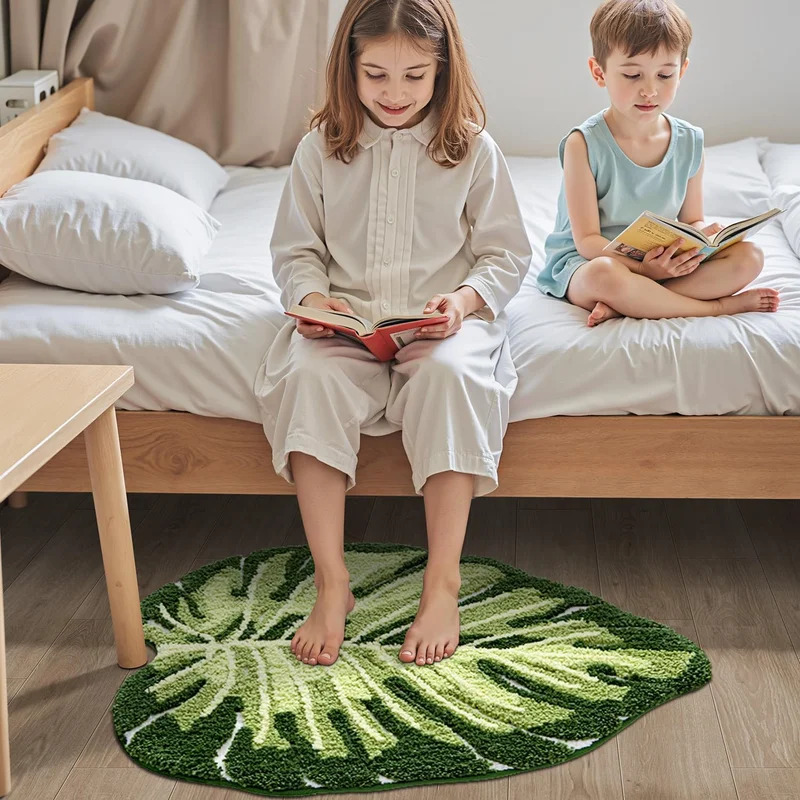 Zara Home Bathroom Rug - VIKAMA ノンスリップバスマット グリーンリーフデザイン バスルームフロアマット 洗濯機で洗える ソフトシャワーマット