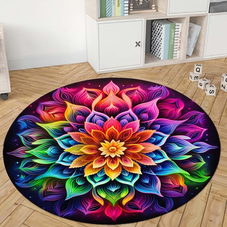 Home Bathroom Door Design - レインボーマンダララウンドラグ、生命の花の神聖幾何学デザイン、瞑想ヨガ装飾用のカラフルなスピリチュアルカーペット