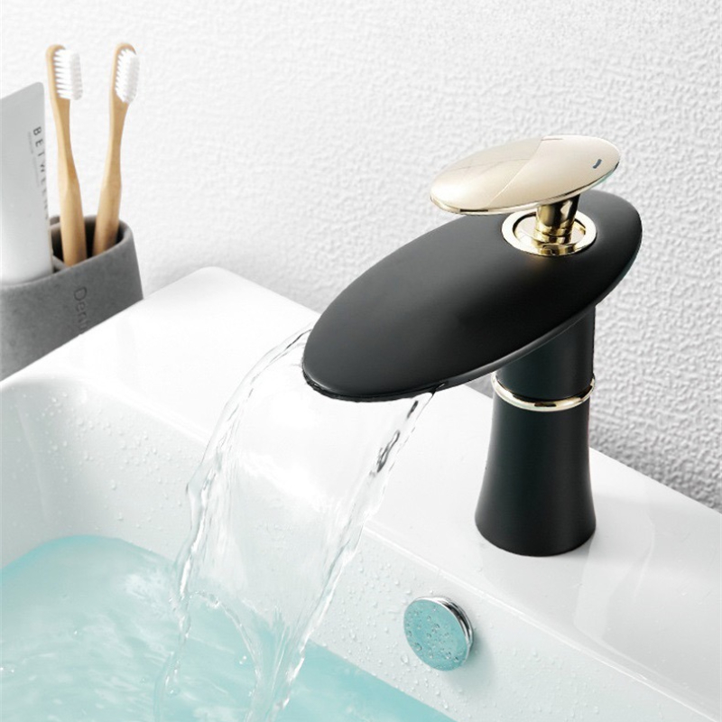 Home Hardware Bathroom Faucets - 白/黒ゴールド滝状洗面器蛇口 温冷混合水栓 洗面台シンクタップ 真鍮製ブラック 高級浴室混合栓 クレーン