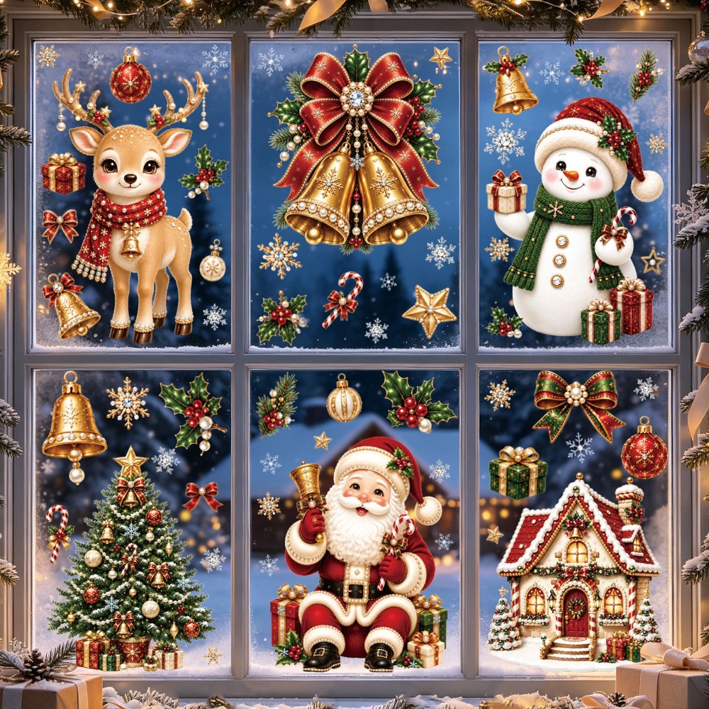 Home Bathroom Window - 2027年クリスマス 新しいウィンドウステッカー かわいいサンタ トナカイ 雪だるま 雪の結晶