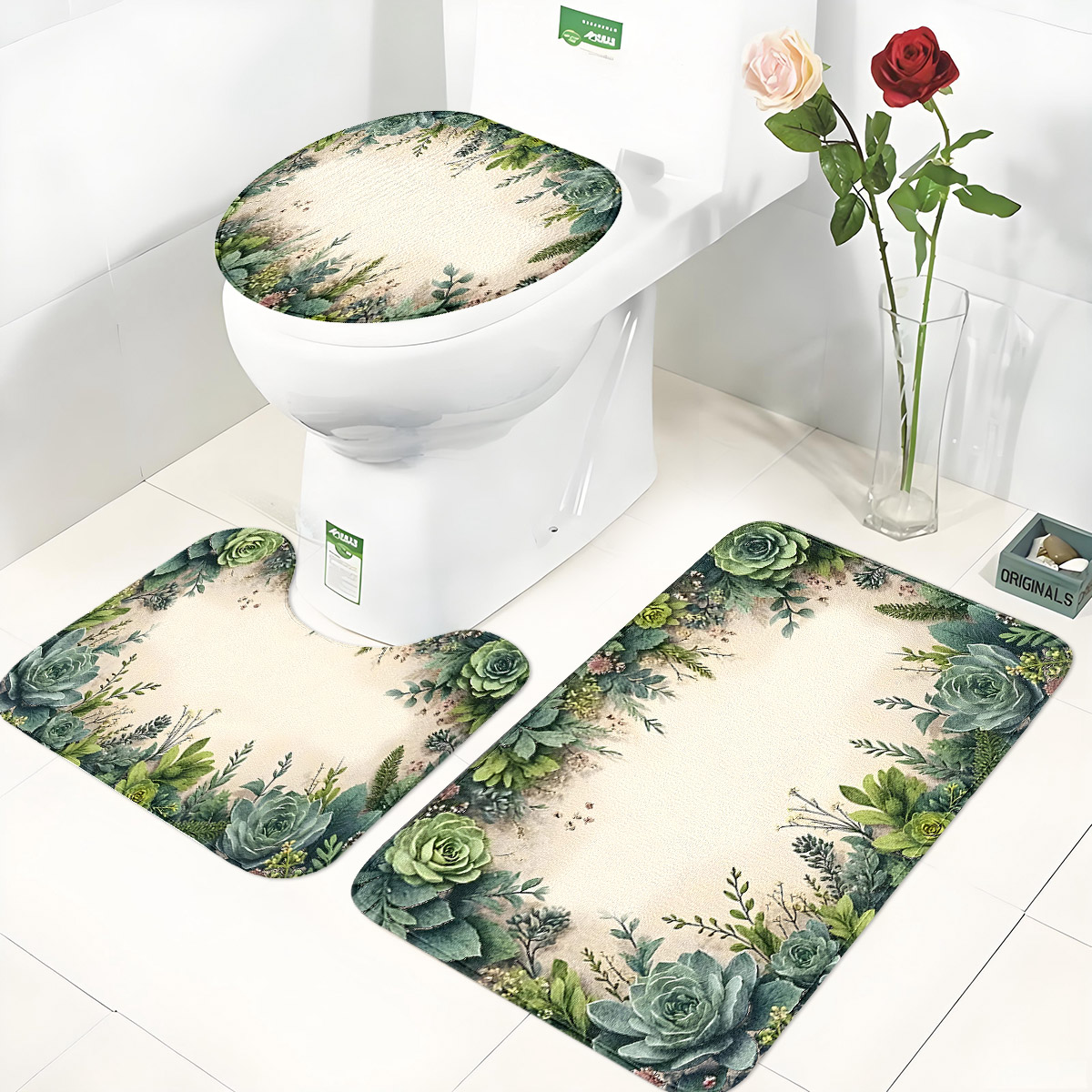 Zara Home Bathroom Rug - レトロ多肉植物バスルーム3点セット：フランネルトイレマット+フロアマット+U字型フットマット、滑り止め、吸水性、洗える、森風バスルームデコレーションセット