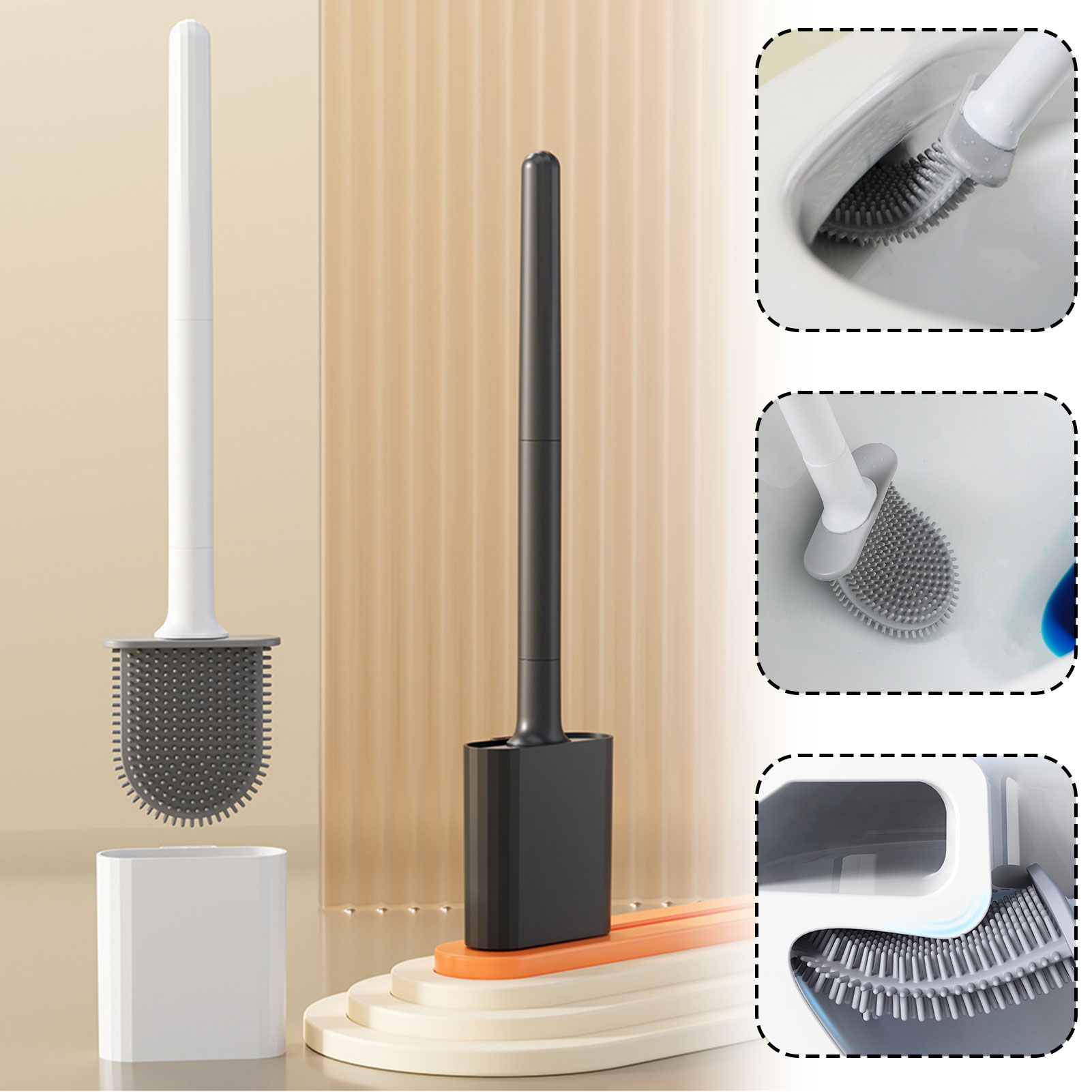Home Bathroom Cleaning - シリコーントイレブラシホルダー付き壁掛けトイレクリーニングブラシゴム毛トイレクリーナーブラシバスルームアクセサリー
