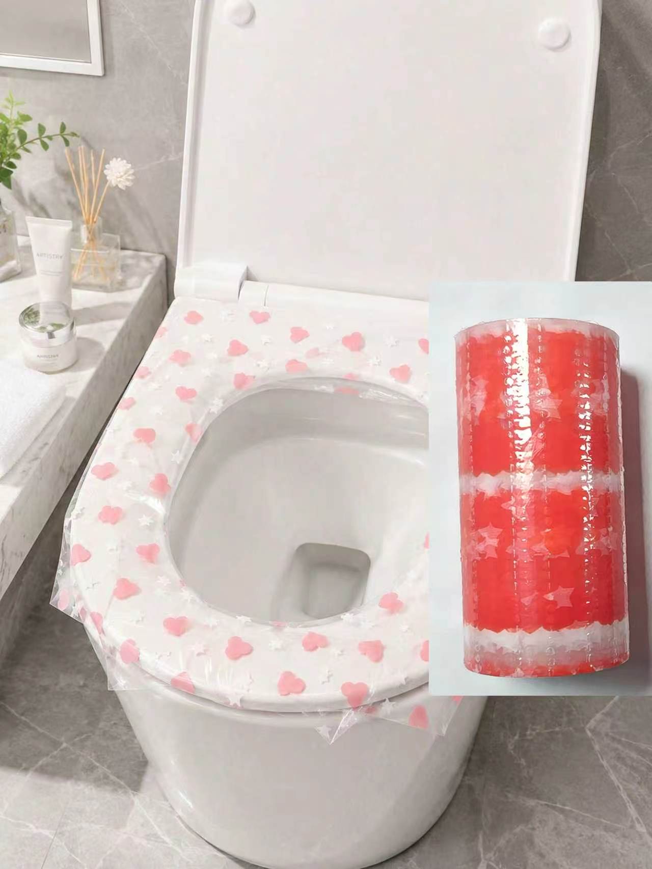 Home Bathroom Cleaning - 133枚入り使い捨て便座カバー、防水便座保護フィルム、ハート柄 - 旅行、ホテル、公共トイレ、家庭の浴室に適した携帯用衛生パッド、旅行用品、新学期用品