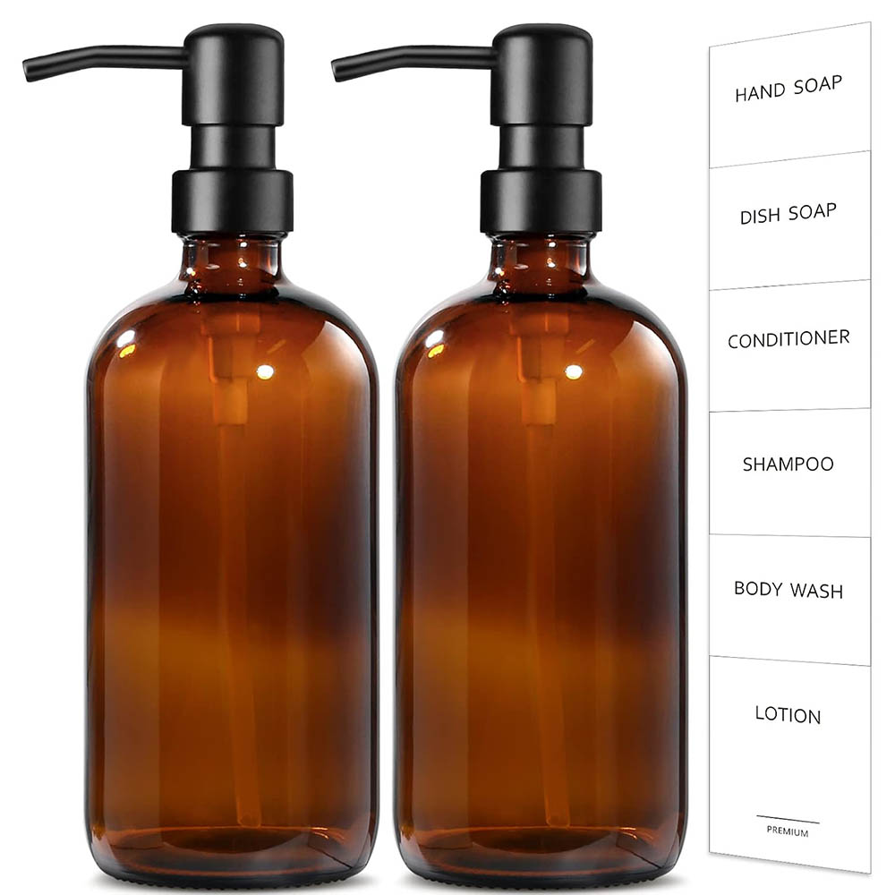 Soap Dispenser Pump - 琥珀色のガラス製ソープディスペンサー、2個パック、17オンス、キッチン/バスルーム用ハンドソープディスペンサー、ステンレススチール製ポンプ付き、空のソープディスペンサー