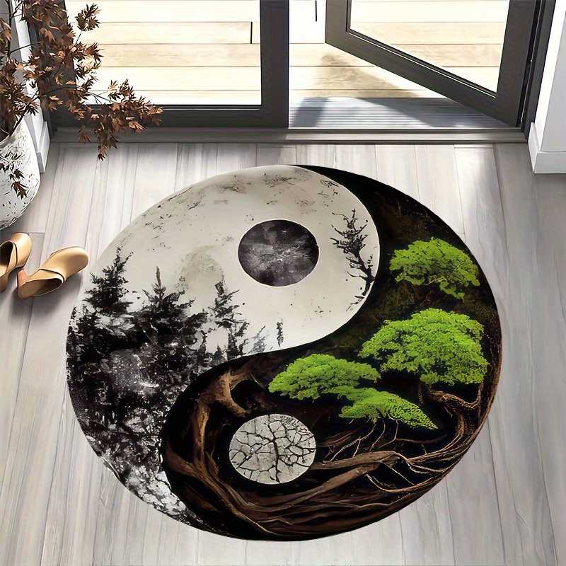 Home Bathroom Door Design - 1pc 太極拳スタイルの夜景ラウンドエリアマット - フランネルソフトクッション、滑り止め、陰陽デザインの機械製ポリエステルマット