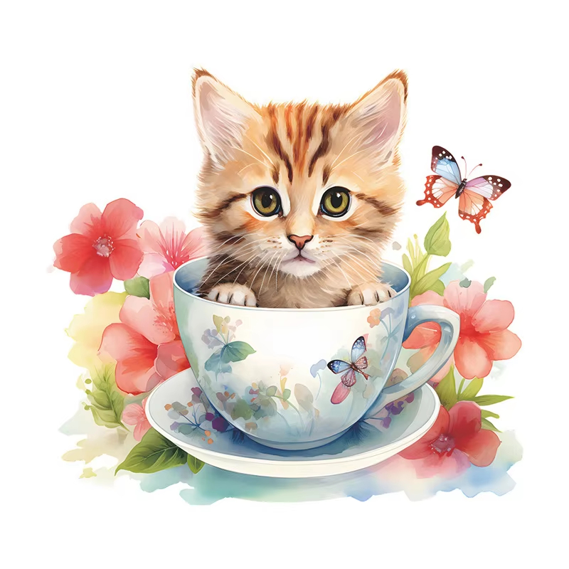 Home Bathroom Tiles - ティーカップ猫の花柄ウォールステッカー、バスルーム、トイレ、リビングルーム、キャビネット、冷蔵庫などの装飾用デカール、ホームデコレーションB38