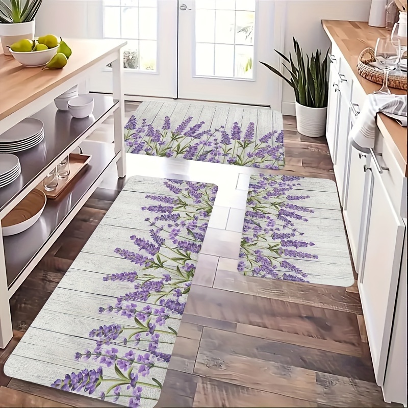 Home Bathroom Door Design - VIKAMA 花と植物のキッチンマット、ラベンダーの花柄デザインのランナーラグ、ランドリールーム、バスルーム、屋外および屋内ホームデコレーション