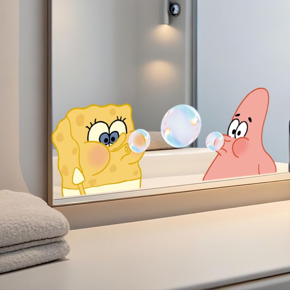 Home Bathroom Equipment - スポンジボブのバスルームミラーデカール – ガラスやトイレの装飾用の粘着式ビニールステッカー。 プライバシーカバーアート、完璧な贈り物