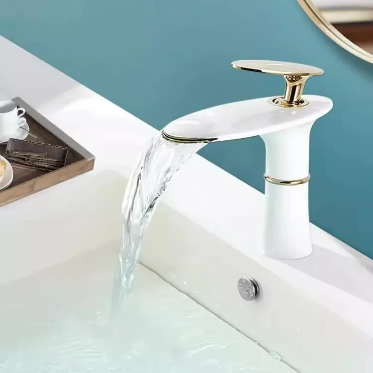 Home Hardware Bathroom Faucets - 滝状洗面台蛇口 ホワイトゴールド 温冷混合水栓 洗面シンクタップ 真鍮製 ブラック