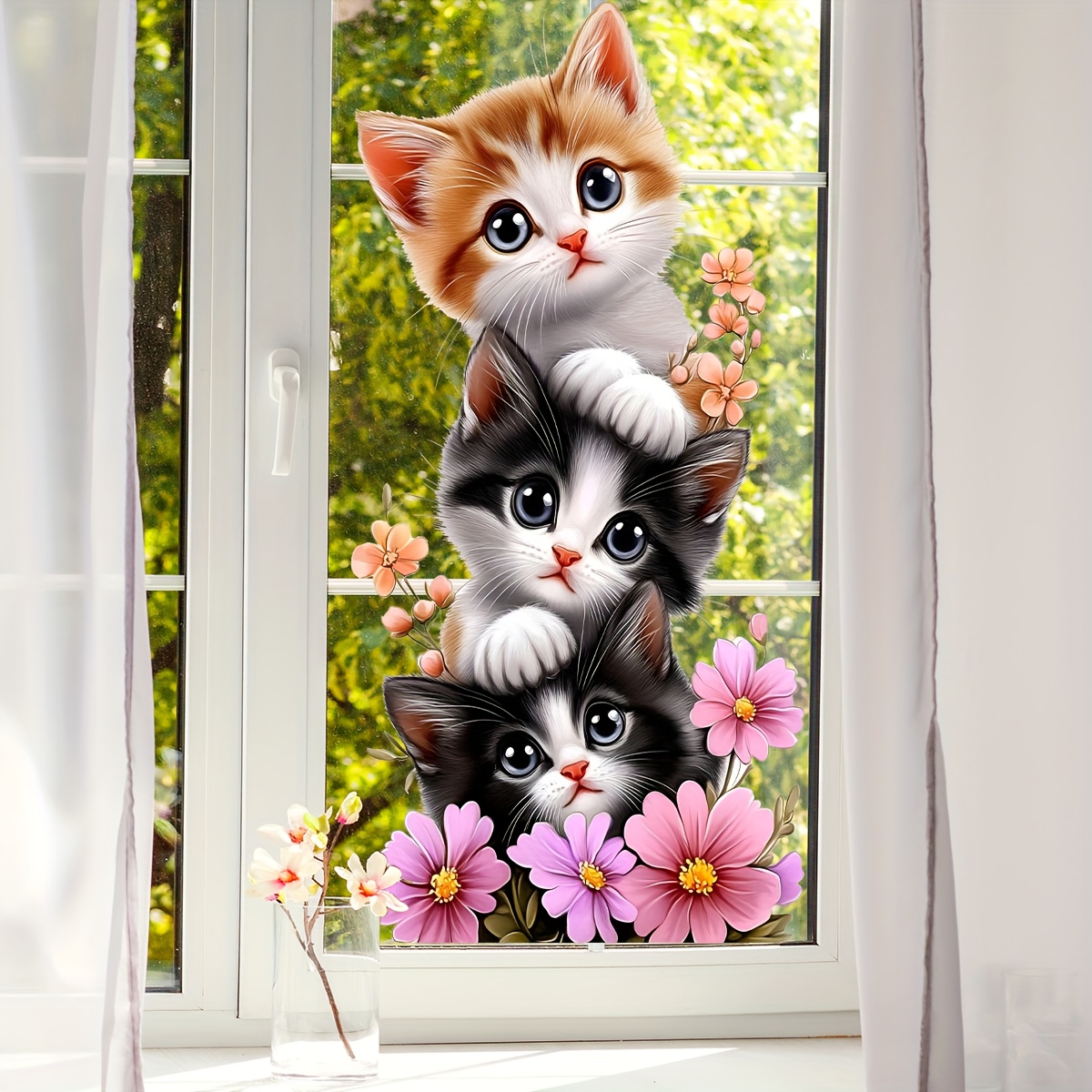 Home Bathroom Window - 1枚入りのかわいい子猫のジェンガ蝶の花柄ウィンドウ＆ウォールステッカー、自己粘着PVCホームデコレーションステッカー、リビングルーム、寝室、ダイニングルーム、バスルーム、玄関、ドア、窓、壁デコレーションに最適、温かく楽しい空間を簡単に作成、家族、友人、愛する人への創造的で心のこもった贈り物。