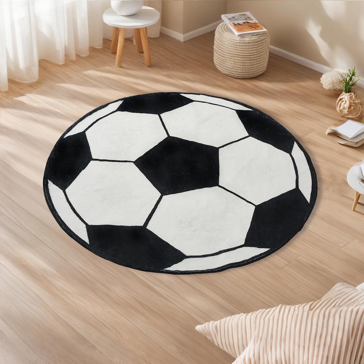Home Bathroom Door Design - ぬいぐるみのような丸いサッカーボールデザインのエリアラグ、黒と白のフットボール柄マット、子供のプレイルームの装飾用、柔らかいポリエステル製ジムカーペットF