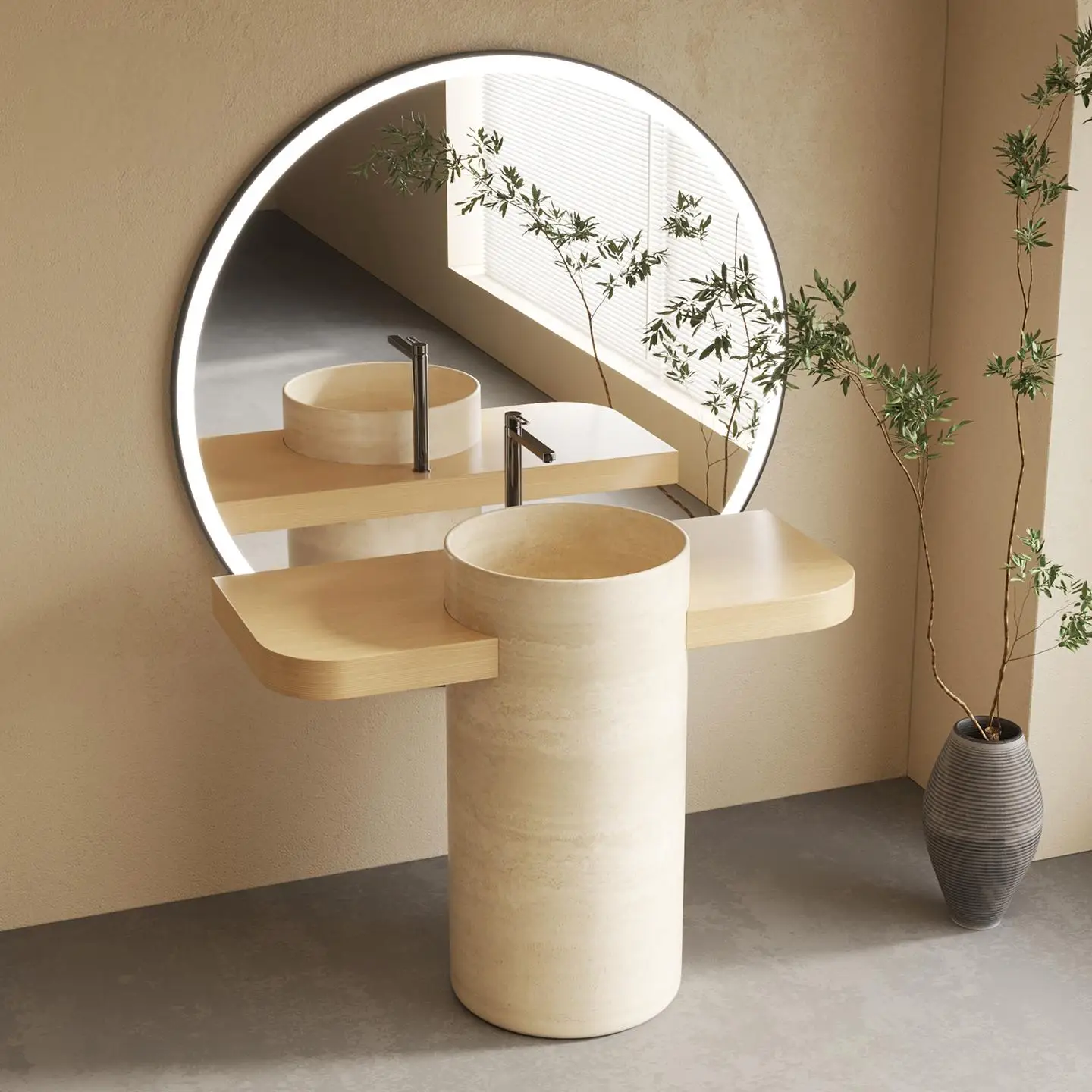 高級手作りトラバーチンTベースシンクまたは洗面台：ヴィンテー - Home Living Bathroom Vanity のレビューと価格