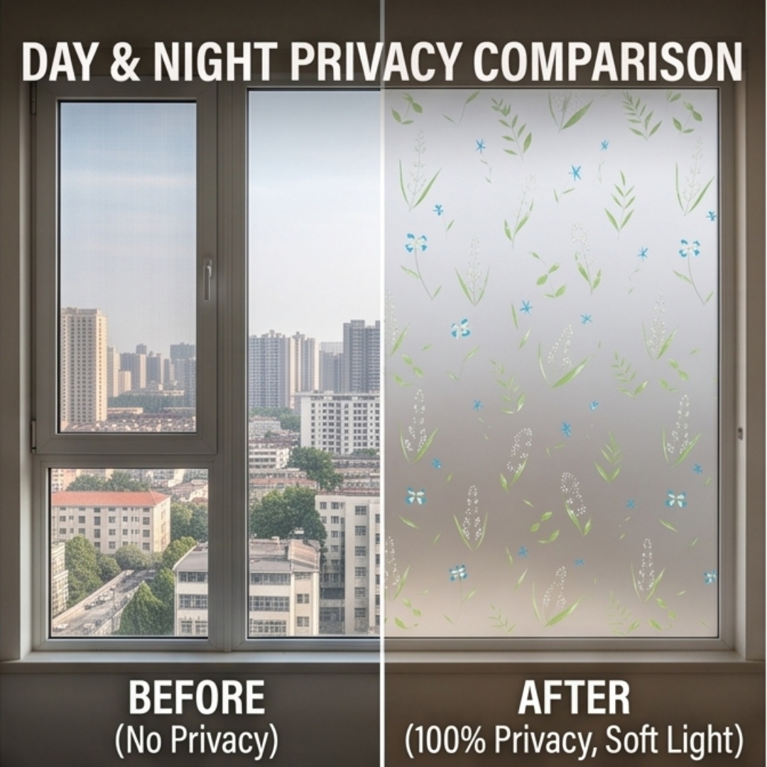 自己粘着性フレッシュフローラルリーフウィンドウフィルム、つや - Home Bathroom Window のレビューと価格