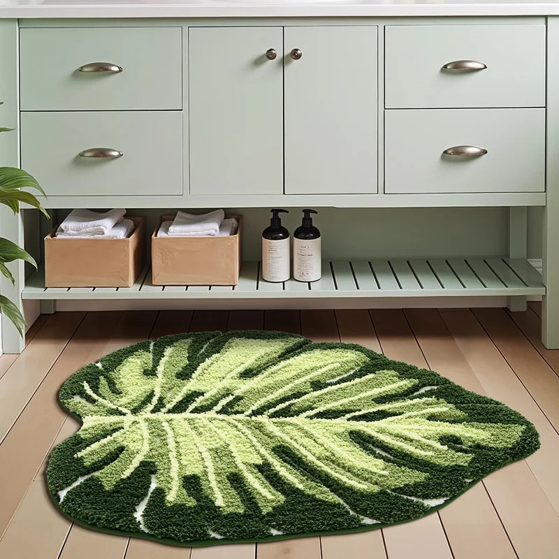 VIKAMA ノンスリップバスマット グリーンリーフデザイン - Zara Home Bathroom Rug のレビューと価格