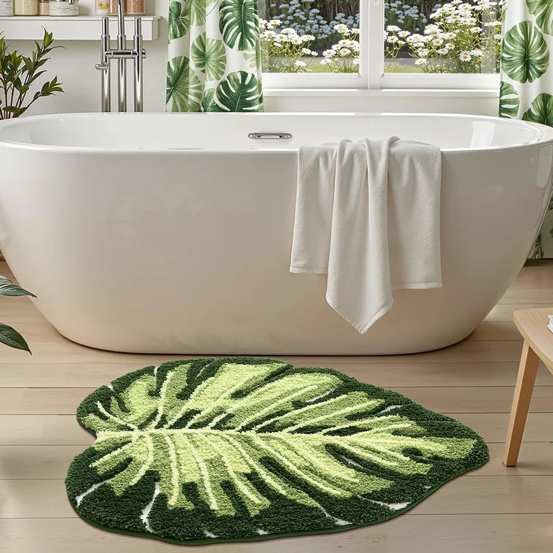 VIKAMA ノンスリップバスマット グリーンリーフデザイン - Zara Home Bathroom Rug のレビューと価格