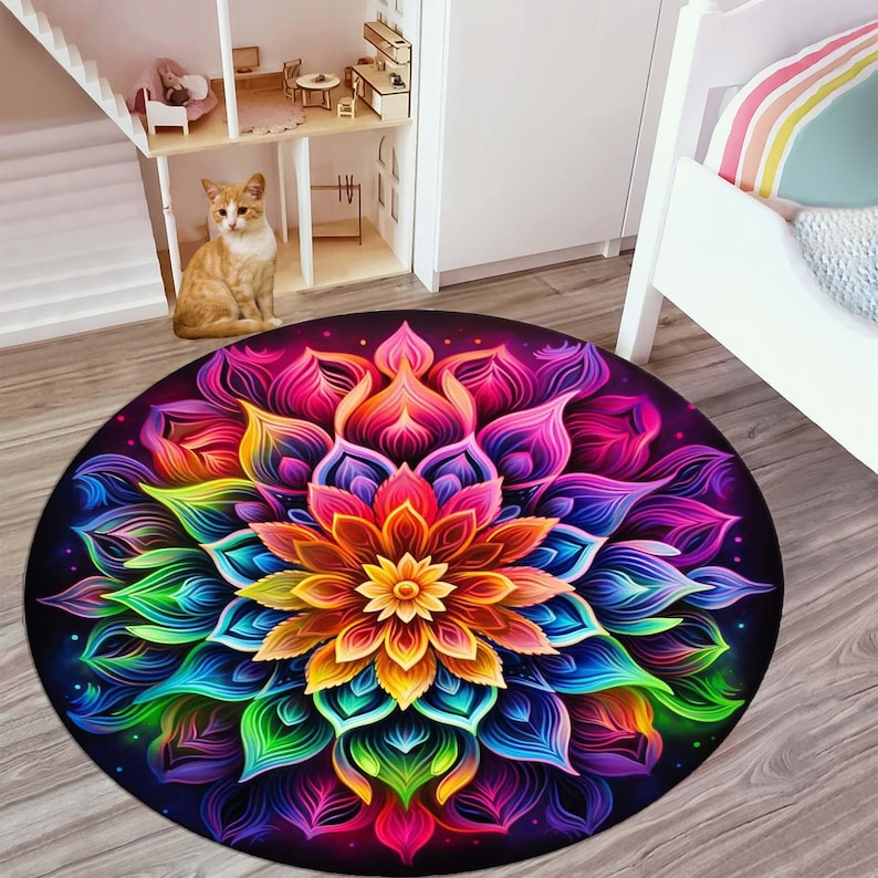 レインボーマンダララウンドラグ、生命の花の神聖幾何学デザイン - Home Bathroom Door Design のレビューと価格