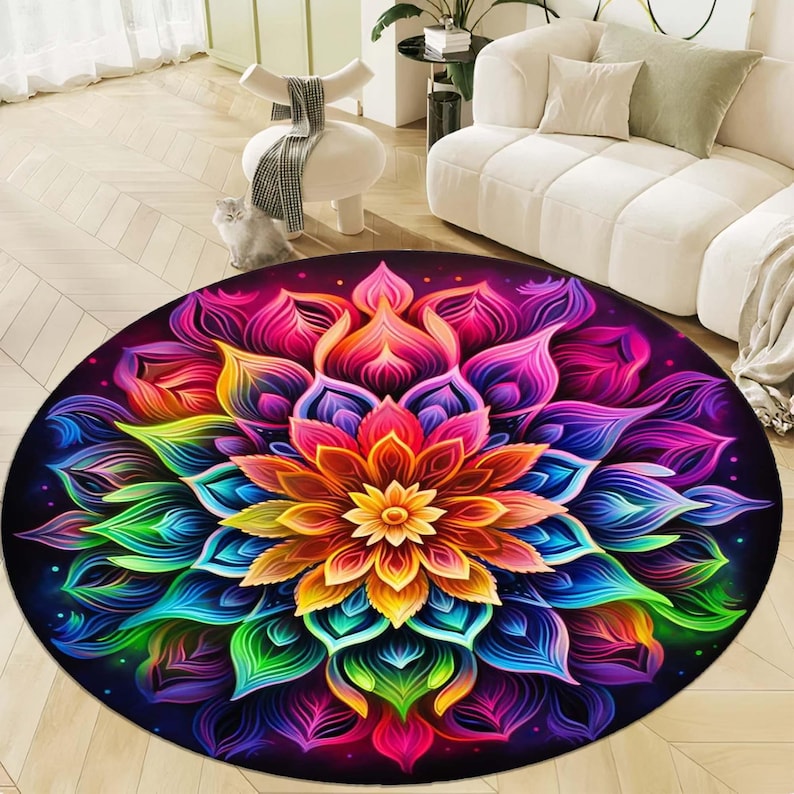 レインボーマンダララウンドラグ、生命の花の神聖幾何学デザイン - Home Bathroom Door Design のレビューと価格