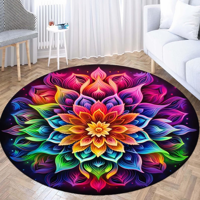レインボーマンダララウンドラグ、生命の花の神聖幾何学デザイン - Home Bathroom Door Design のレビューと価格