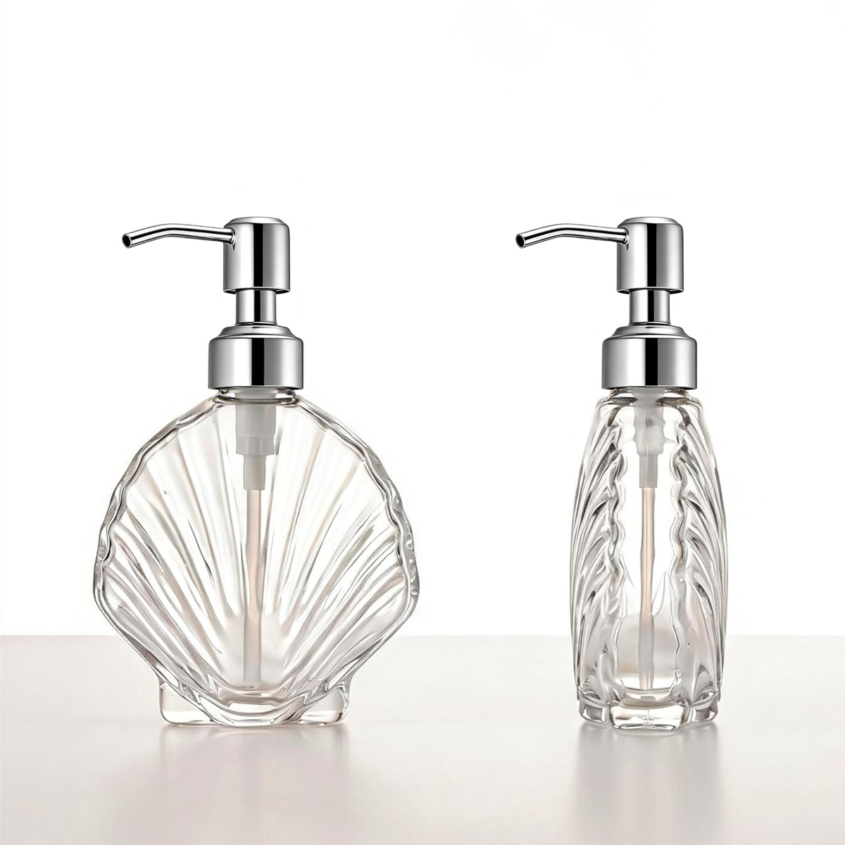 装飾的な貝殻ガラス製ソープディスペンサー、ステンレス製ポンプ - Soap Dispenser Pump のレビューと価格