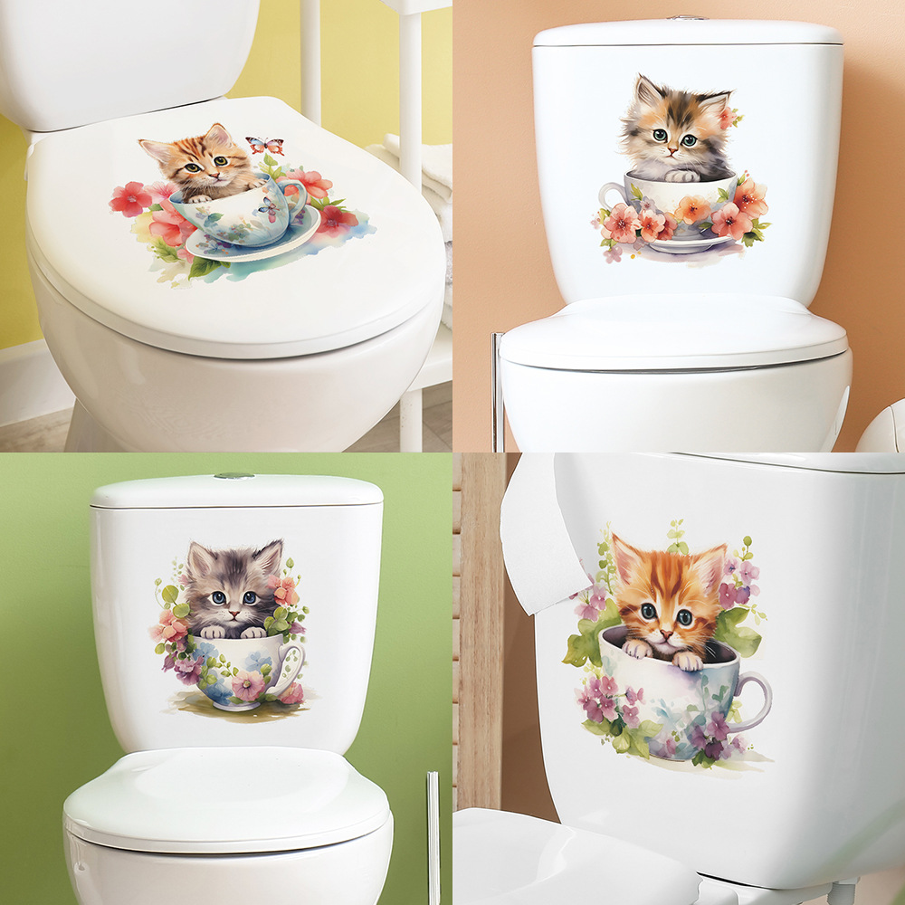 かわいいティーカップ猫の花の壁のステッカートイレの装飾浴室壁 - Home Bathroom Tiles のレビューと価格