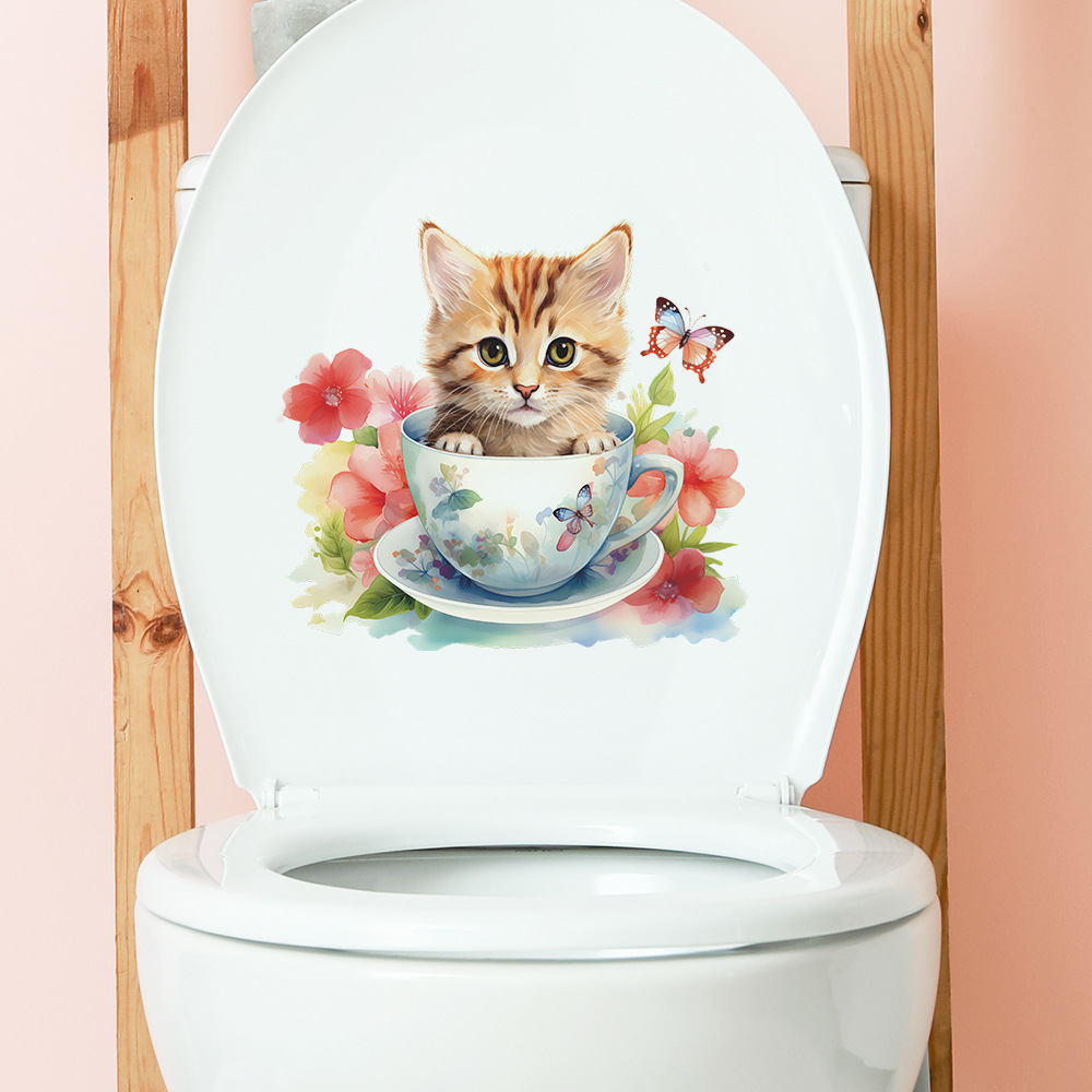 かわいいティーカップ猫の花の壁のステッカートイレの装飾浴室壁 - Home Bathroom Tiles のレビューと価格