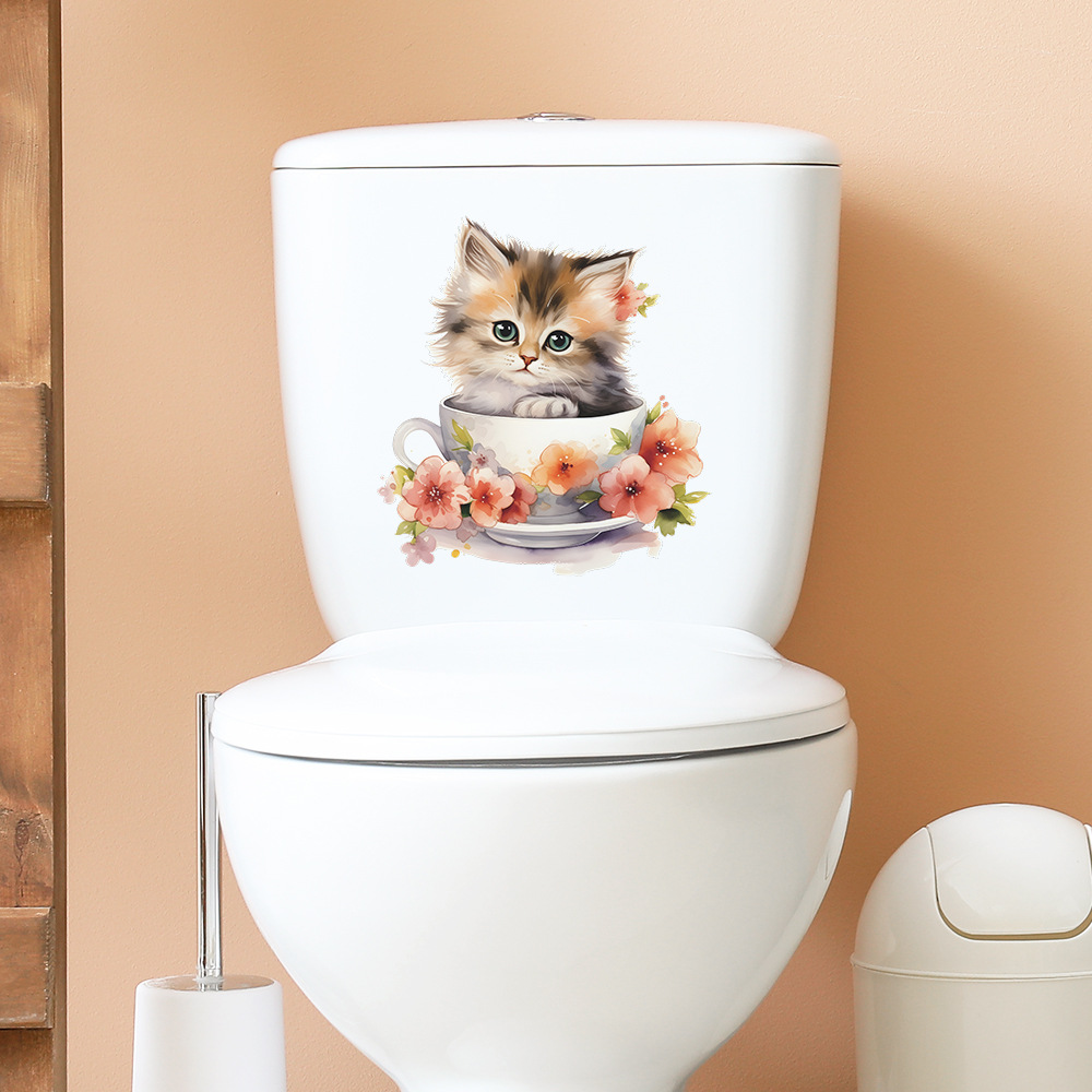 かわいいティーカップ猫の花の壁のステッカートイレの装飾浴室壁 - Home Bathroom Tiles のレビューと価格