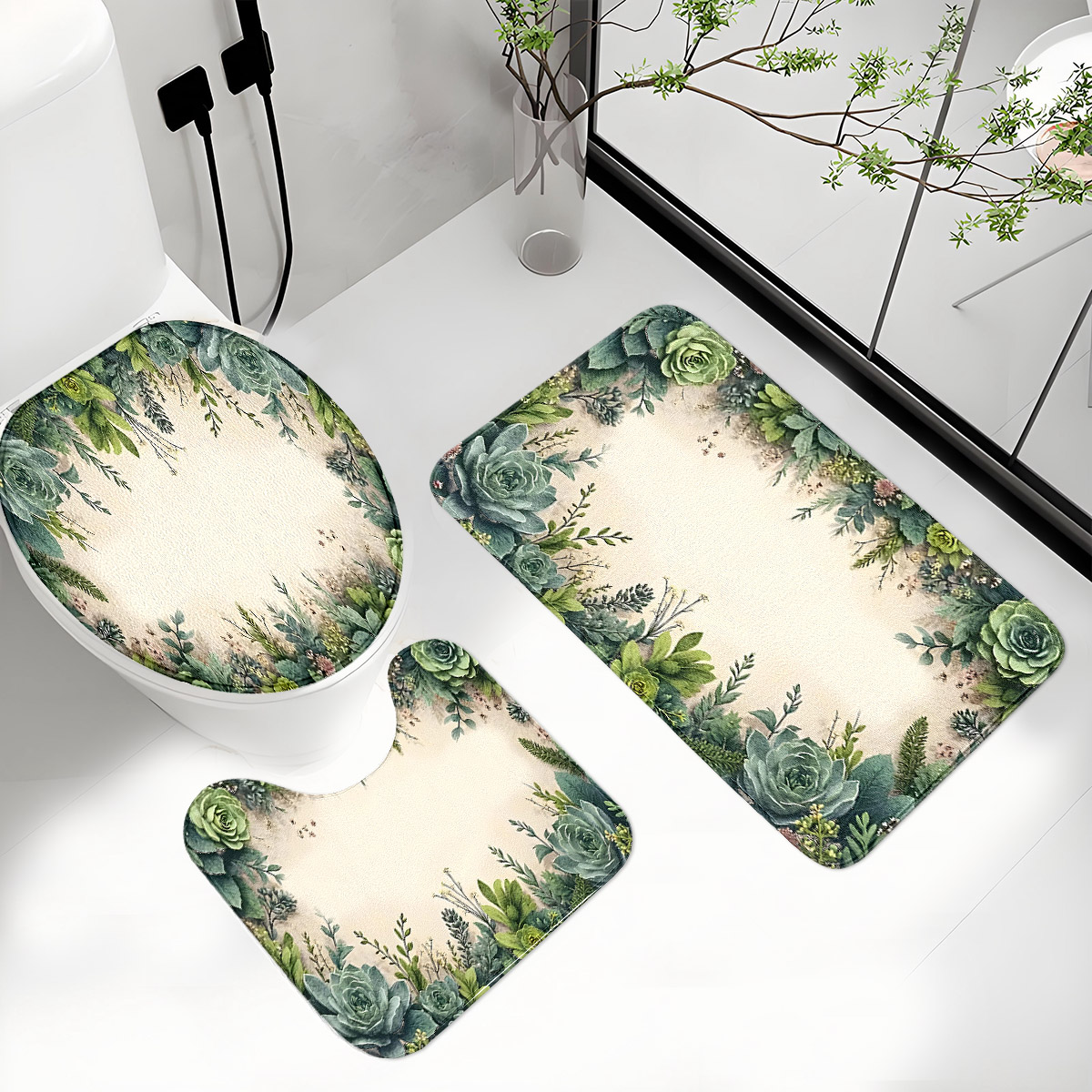 レトロ多肉植物バスルーム3点セット：フランネルトイレマット+ - Zara Home Bathroom Rug のレビューと価格