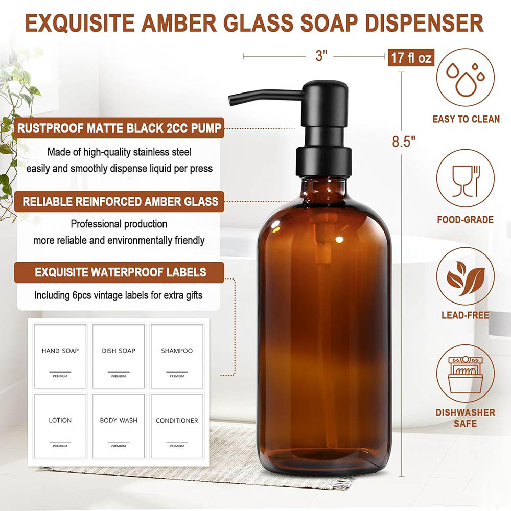 琥珀色のガラス製ソープディスペンサー、2個パック、17オンス - Soap Dispenser Pump のレビューと価格