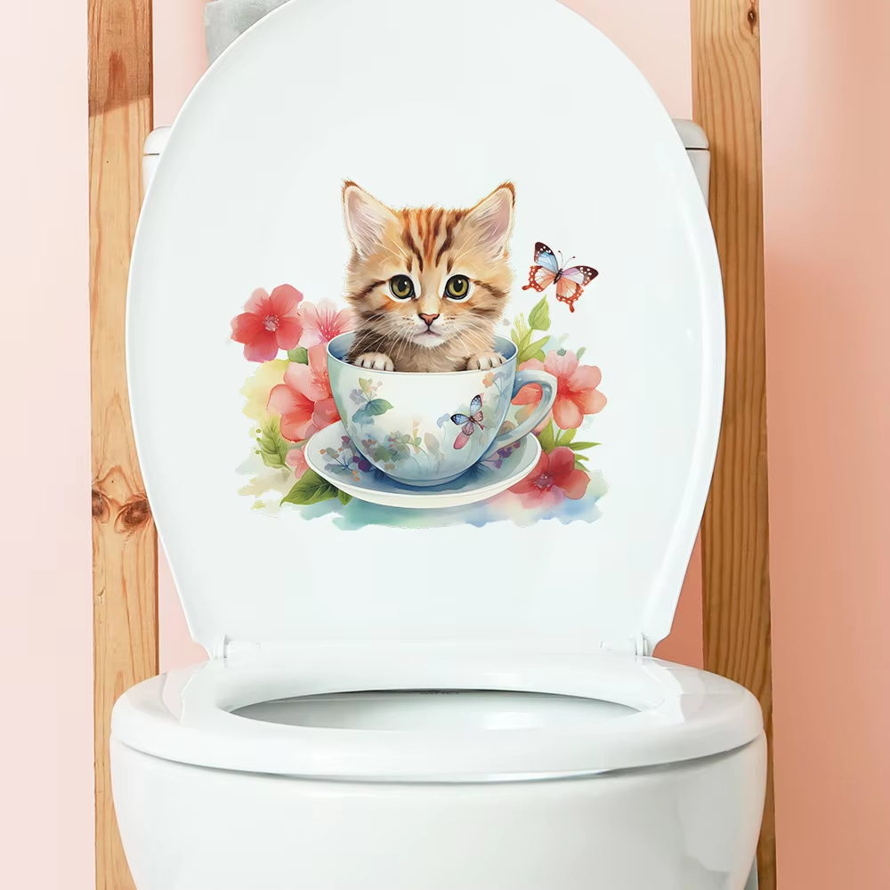 ティーカップ猫の花柄ウォールステッカー、バスルーム、トイレ、 - Home Bathroom Tiles のレビューと価格