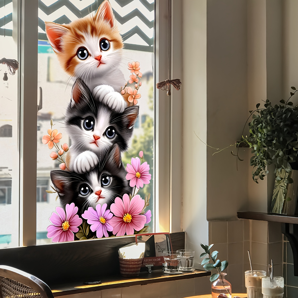1枚入りのかわいい子猫のジェンガ蝶の花柄ウィンドウ＆ウォール - Home Bathroom Window のレビューと価格